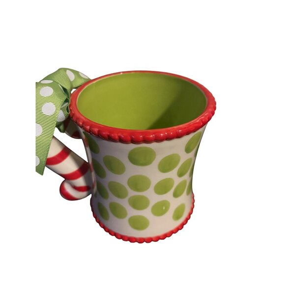 Green & Red Polka Dot Ceramic Mug With Bow Handle By Mud Pie - Picture 6 of 13